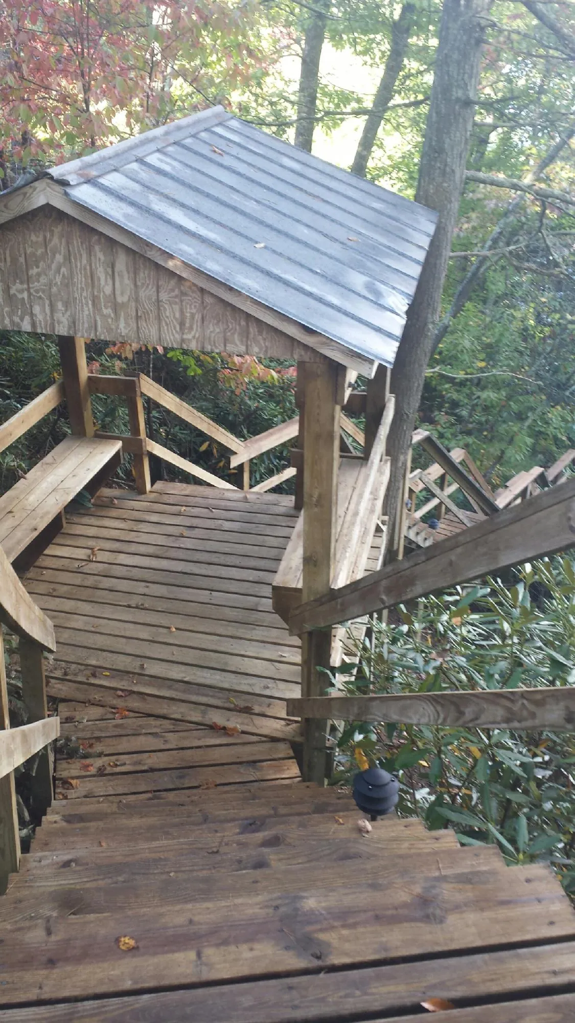 Metal roofed shelter over wooden steps on a wooded walkway — Skylight Repair & Installation work by our crew in Ethridge